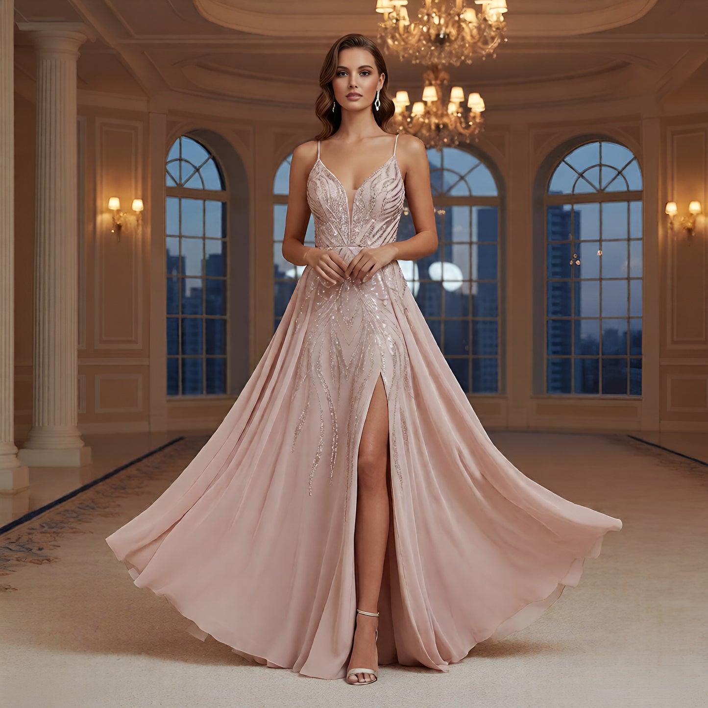 Lumier by Bariano Blush Sequin V-Neck Formal Gown with Thigh-High Slit