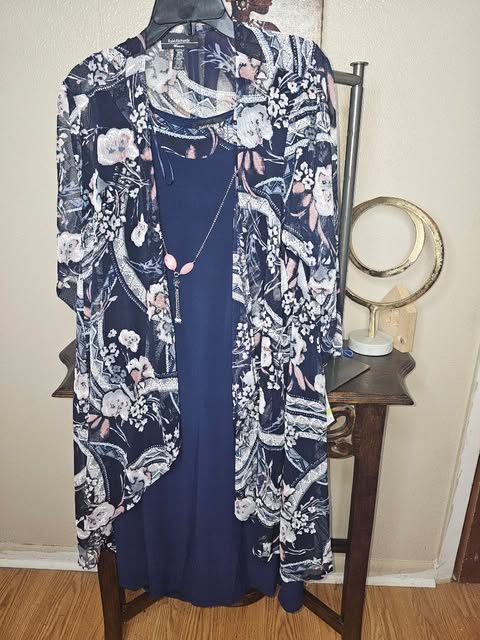 Navy Blue Sheath Dress with Detachable Floral Chiffon Jacket