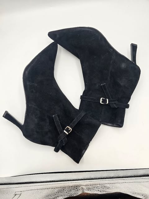 Chic Black Suede Pointed Toe Ankle Boots | Stiletto Heel & Buckle Strap