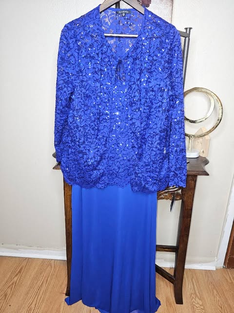 Marina Royal Blue Sequin Lace Long Sleeve Top & Chiffon Skirt Two-Piece Suit