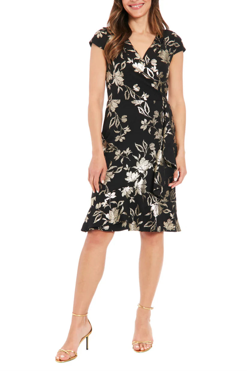 London Times Foil Floral Flounce Faux Wrap Dress