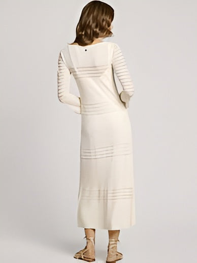 Winter White Knit Sweater Dress – Scalloped Neckline and Metallic Chevron Trim