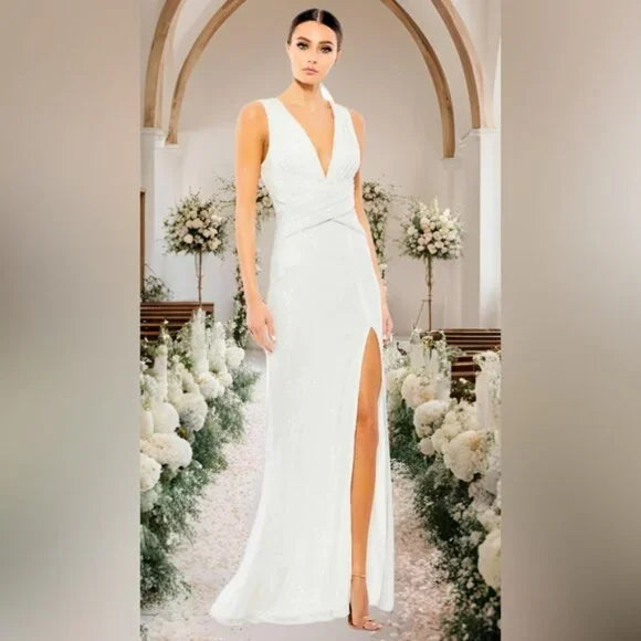 Mac Duggal White V-Neck Sequin Wrap Waist Gown