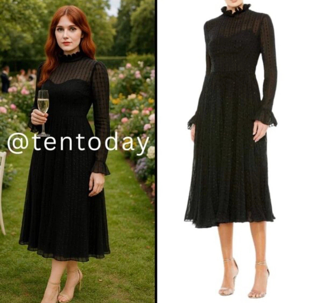 Mac Duggal Embroidered Long Sleeve Ruffle Neck Midi Dress (Style No. 49627) in Black