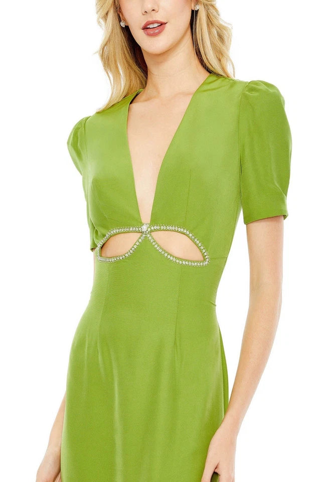 Mac Duggal Embellished Plunge Neck Cut Out Puff Sleeve Gown (Style No. 2630) in Apple Green