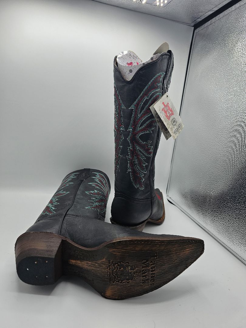 Black Leather Pointed Toe Cowgirl Boots | Teal & Red Stitching