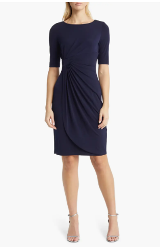 Navy Blue Twist Waist Short Sleeve Midi Dress