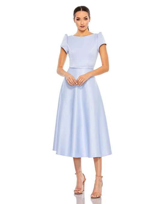 Mac Duggal Satin Puff Shoulder Tea Length Dress