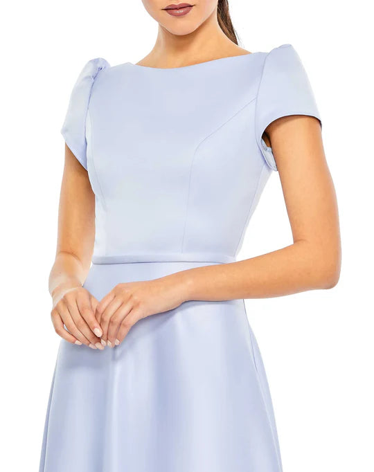 Mac Duggal Satin Puff Shoulder Tea Length Dress