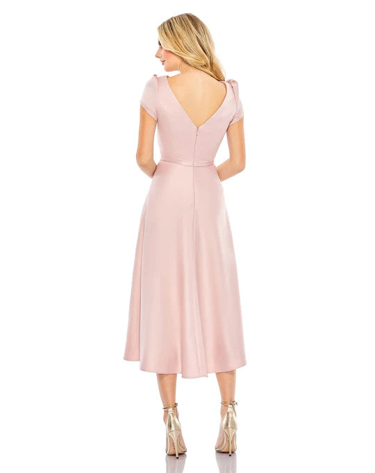 Mac Duggal Satin Puff Shoulder Tea Length Dress