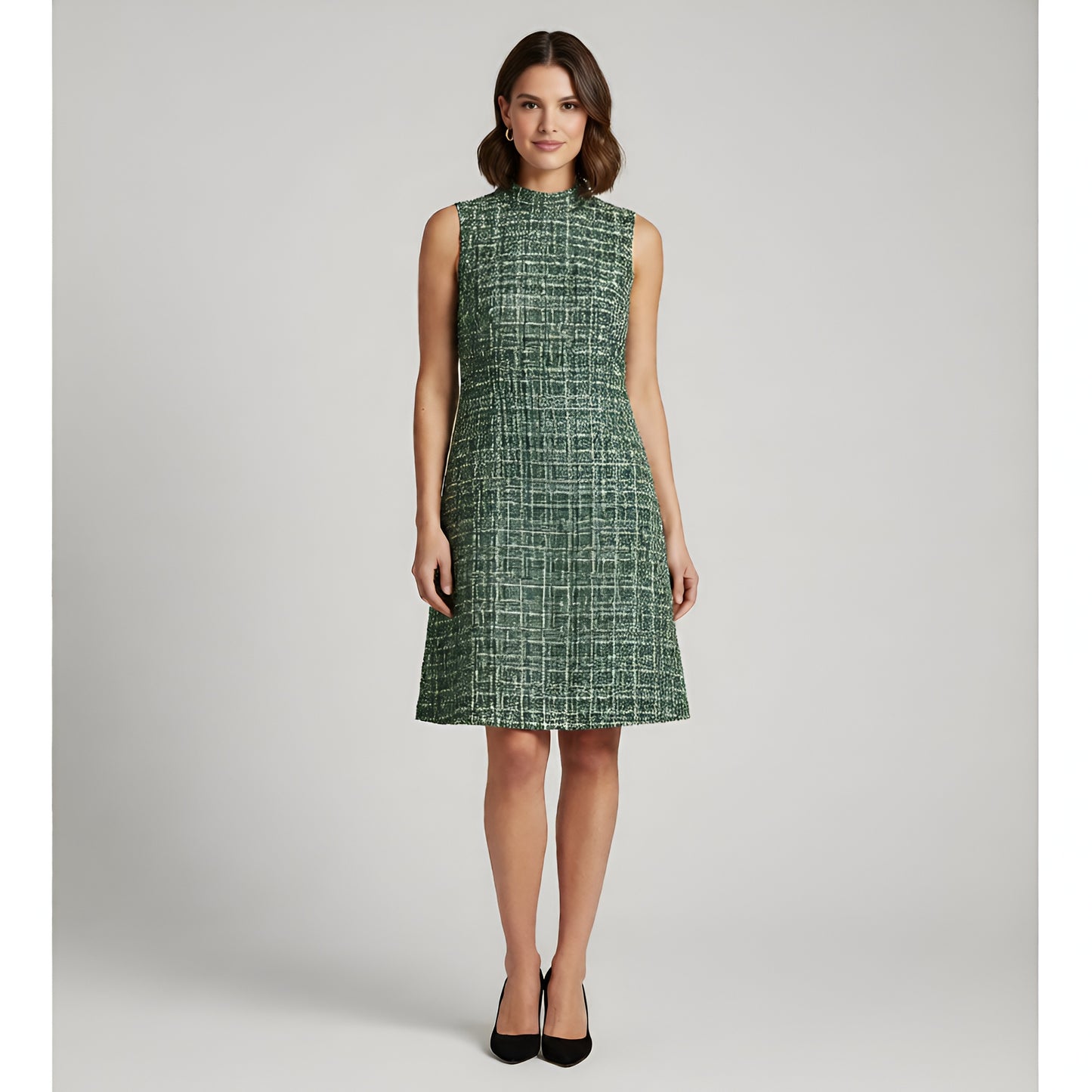 Eliza J Green Multi Metallic Tweed Roll Neck Sleeveless Shift Dress