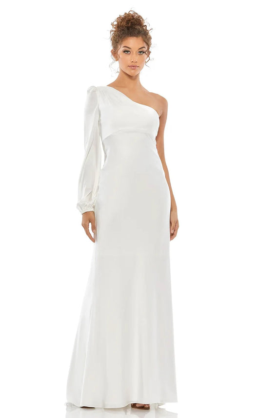 Mac Duggal One-Shoulder Puff Sleeve Trumpet Gown (Style No. 26592) in White