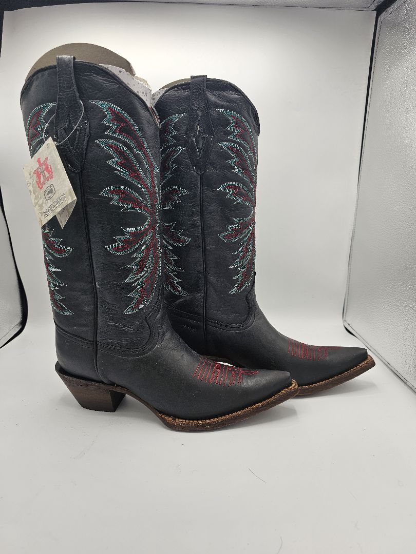 Black Leather Pointed Toe Cowgirl Boots | Teal & Red Stitching