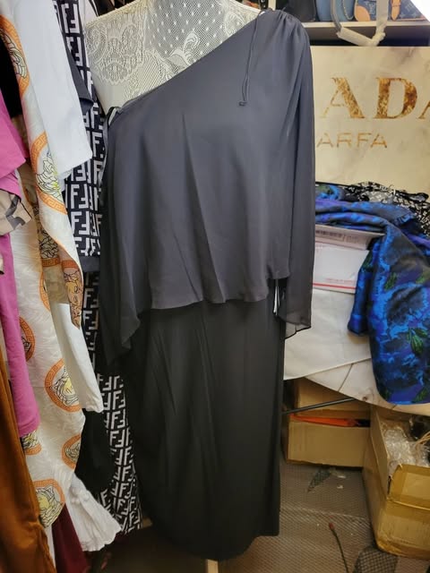 Black Chiffon One-Shoulder Overlay Draped Shift Midi Dress