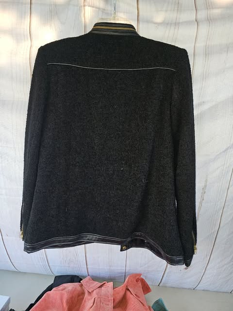 Linea by Louis Dell'Olio Black Wool Blend Boucle Jacket with Gold Zippers & Faux Leather Trim