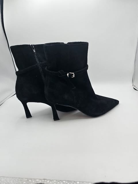 Chic Black Suede Pointed Toe Ankle Boots | Stiletto Heel & Buckle Strap