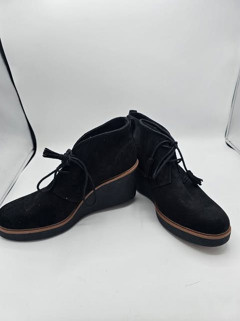 Comfort Black Suede Wedge Ankle Boots with Tassel Laces and Platform Sole