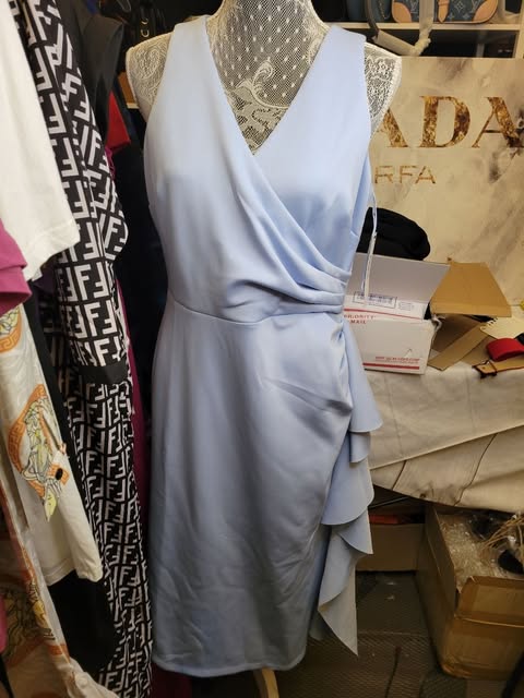 London Times Sky Blue Sleeveless Faux-Wrap Sheath Dress with Cascade Ruffle