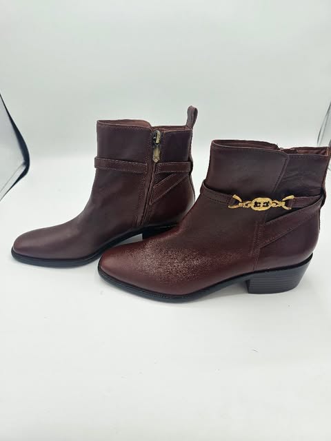 Women's Maroon Leather Ankle Boots | Gold Chain Buckle Detail