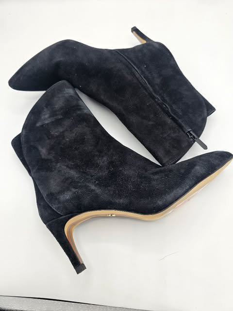 Elegant Black Suede Ankle Boot with Low Stiletto Heel & Side Zipper