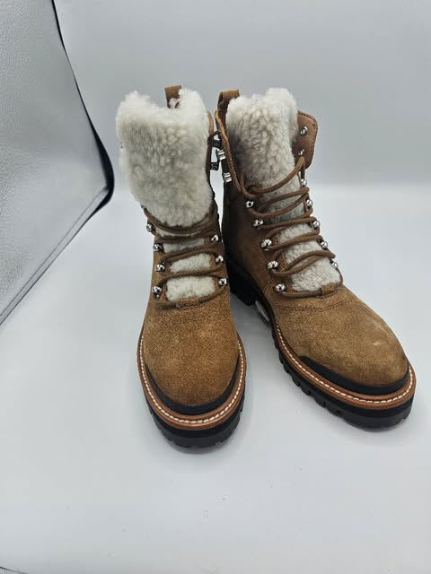 Women's Tan Suede Cozy Hiking Boots | Shearling Trim &amp; Lug Sole