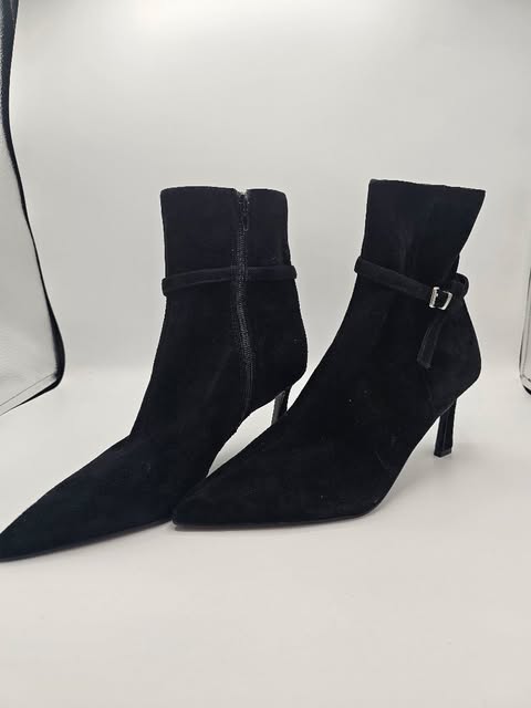 Chic Black Suede Pointed Toe Ankle Boots | Stiletto Heel & Buckle Strap