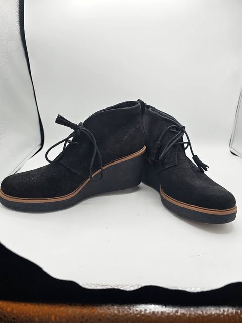 Comfort Black Suede Wedge Ankle Boots with Tassel Laces and Platform Sole