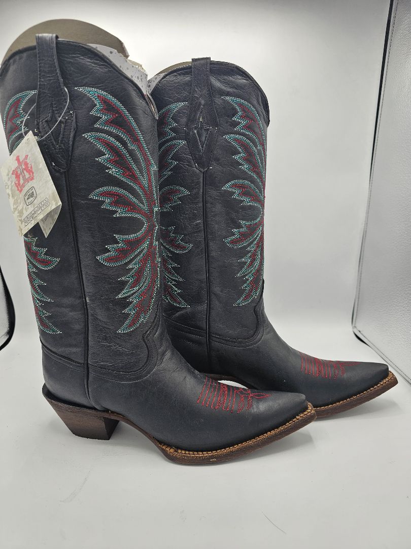 Black Leather Pointed Toe Cowgirl Boots | Teal & Red Stitching