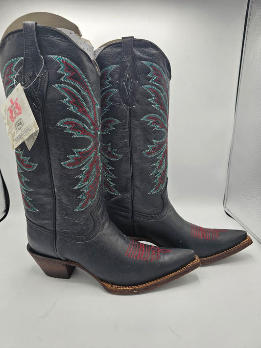 Black Leather Pointed Toe Cowgirl Boots | Teal & Red Stitching