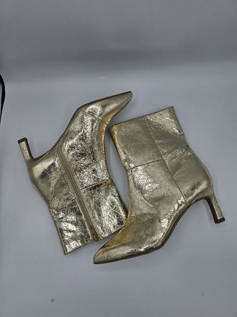 Women's Metallic Gold Cracked Leather Ankle Boots | Kitten Heel