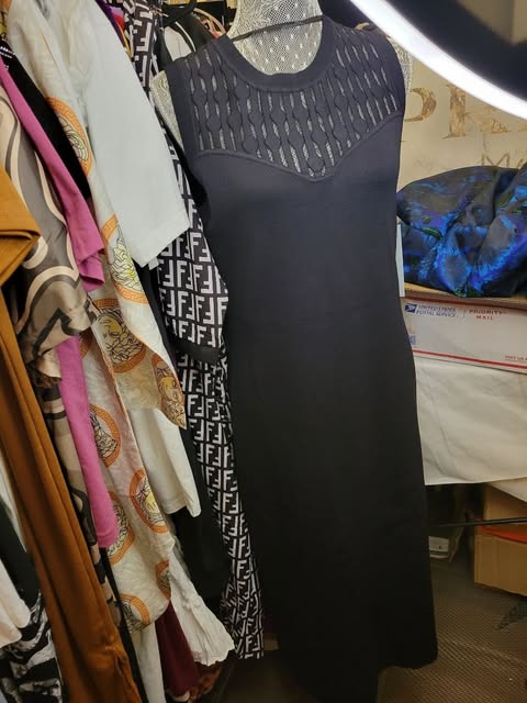 Designer Inspired Black Jacquard Knit Sheath Dress with Mesh Yoke