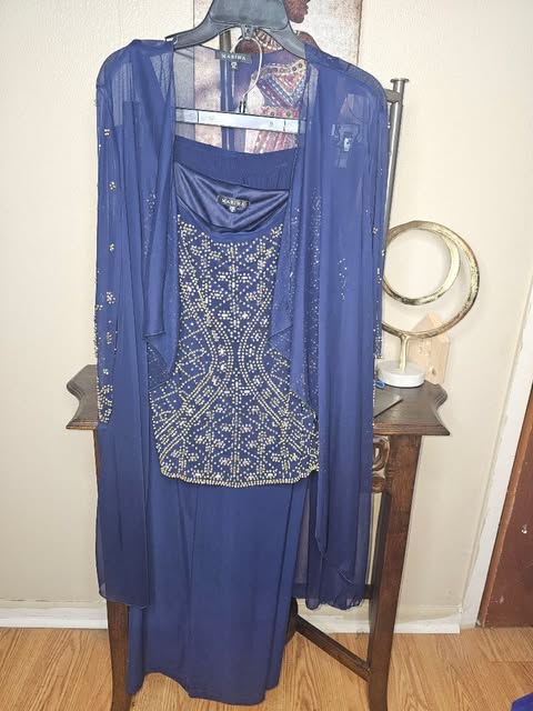 Elegant Navy Beaded Sheath Dress & Chiffon Jacket Set