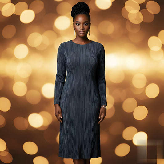 Luxely Textured Plisse Midi Dress – Long Sleeve Elegant Shift in Slate Blue