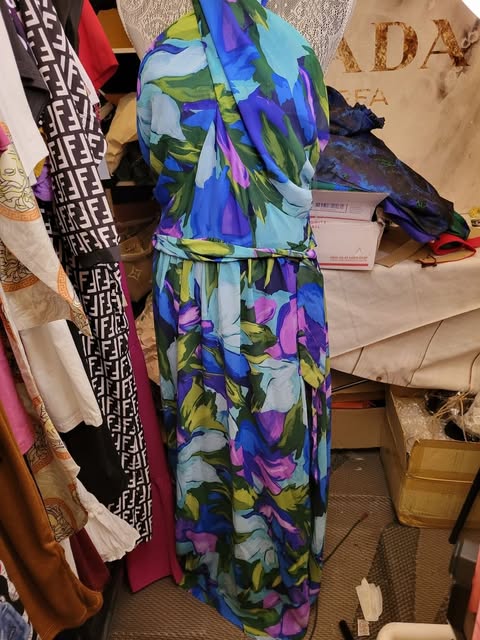London Times Aqua/Royal Blue Floral Print Halter Neck Maxi Dress