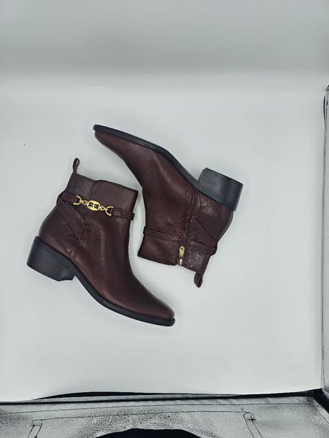 Women's Maroon Leather Ankle Boots | Gold Chain Buckle Detail