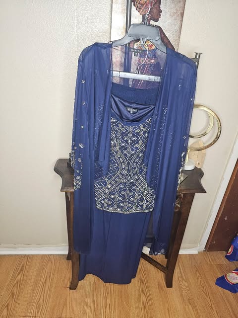 Elegant Navy Beaded Sheath Dress & Chiffon Jacket Set