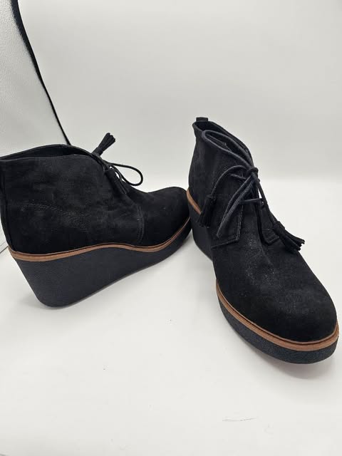Comfort Black Suede Wedge Ankle Boots with Tassel Laces and Platform Sole