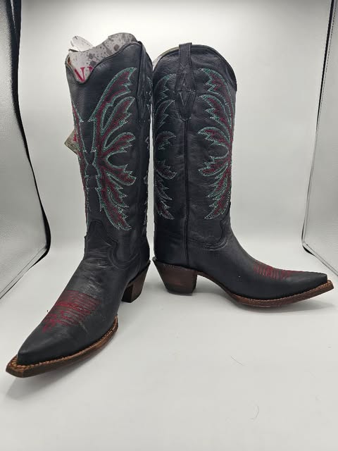 Black Leather Pointed Toe Cowgirl Boots | Teal & Red Stitching