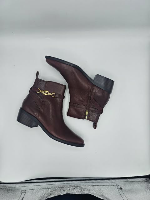 Women's Maroon Leather Ankle Boots | Gold Chain Buckle Detail