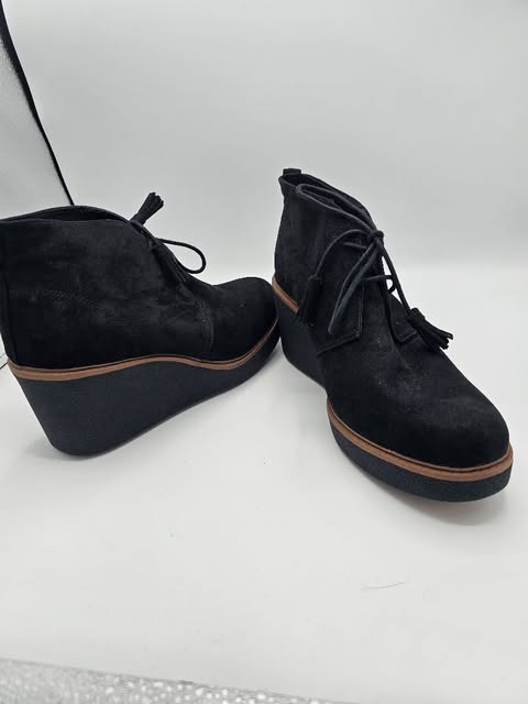 Comfort Black Suede Wedge Ankle Boots with Tassel Laces and Platform Sole