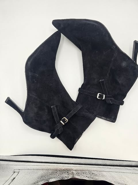 Chic Black Suede Pointed Toe Ankle Boots | Stiletto Heel & Buckle Strap