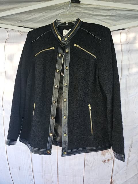 Linea by Louis Dell'Olio Black Wool Blend Boucle Jacket with Gold Zippers & Faux Leather Trim