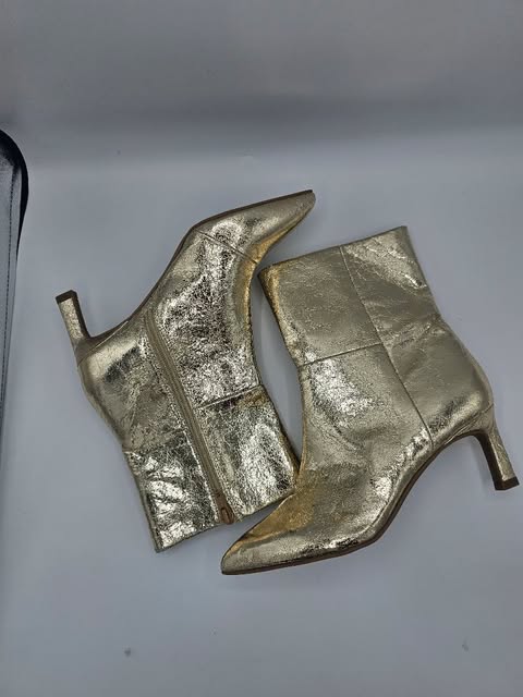 Women's Metallic Gold Cracked Leather Ankle Boots | Kitten Heel
