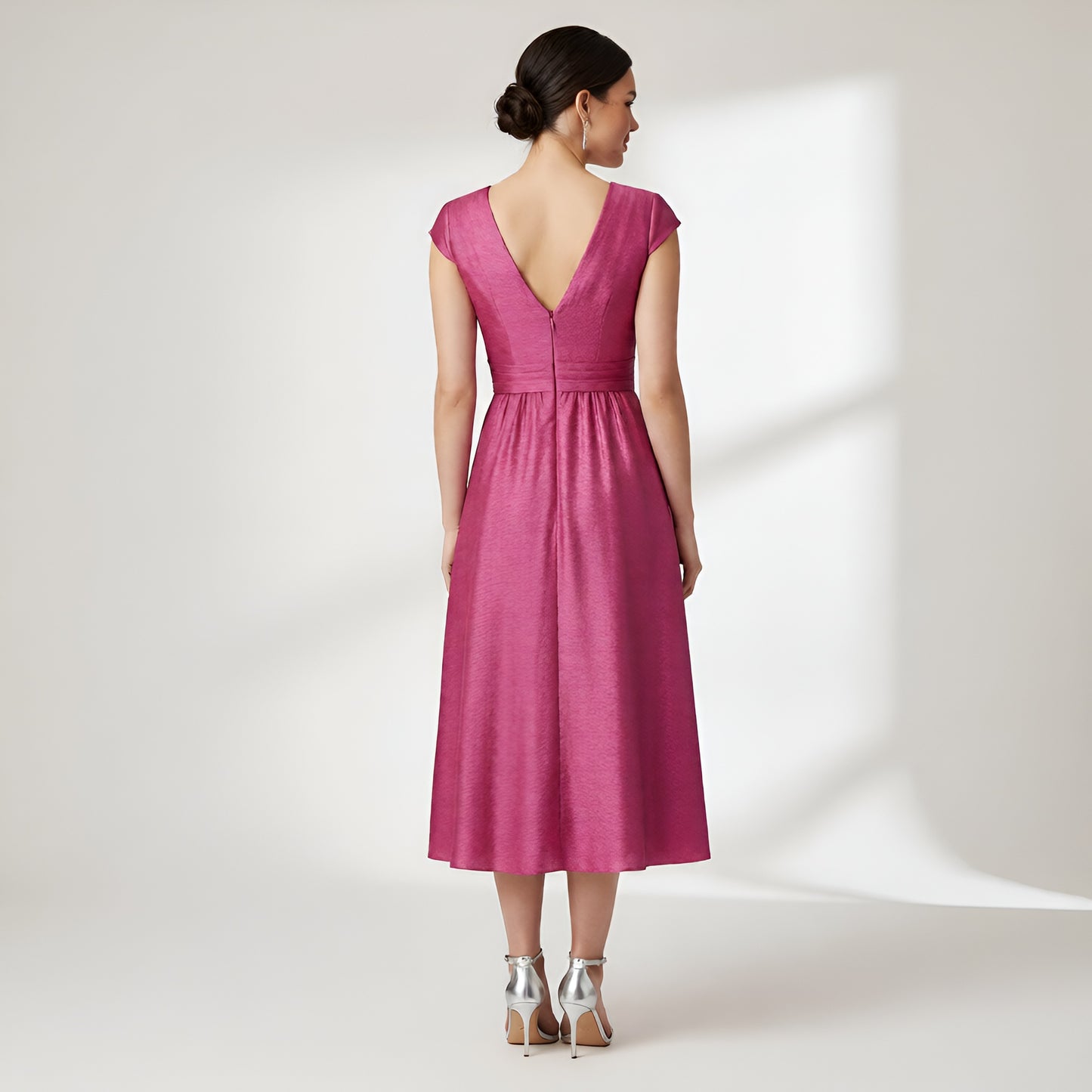 Marina NYC Women’s Fuchsia Pink V-Neck Ruched Party Dress