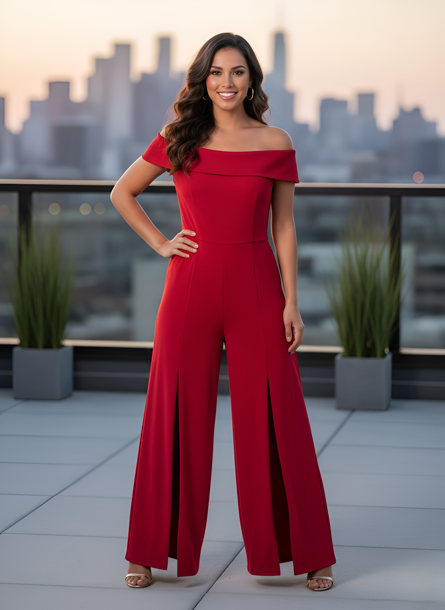 Elegant Red Off-the-Shoulder Wide Leg Jumpsuit