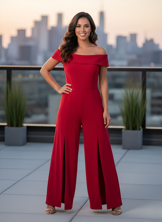 Elegant Red Off-the-Shoulder Wide Leg Jumpsuit