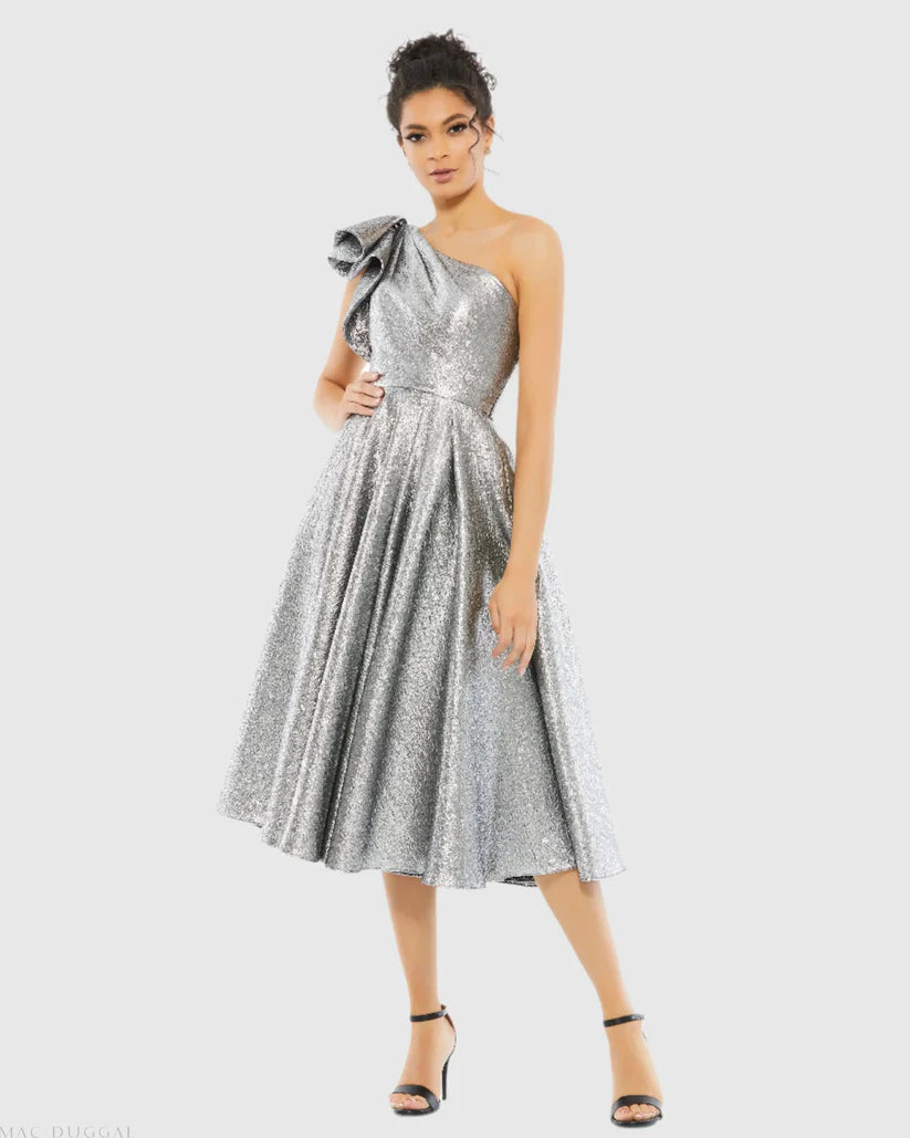 Silver One-Shoulder Bow Midi Cocktail Dress