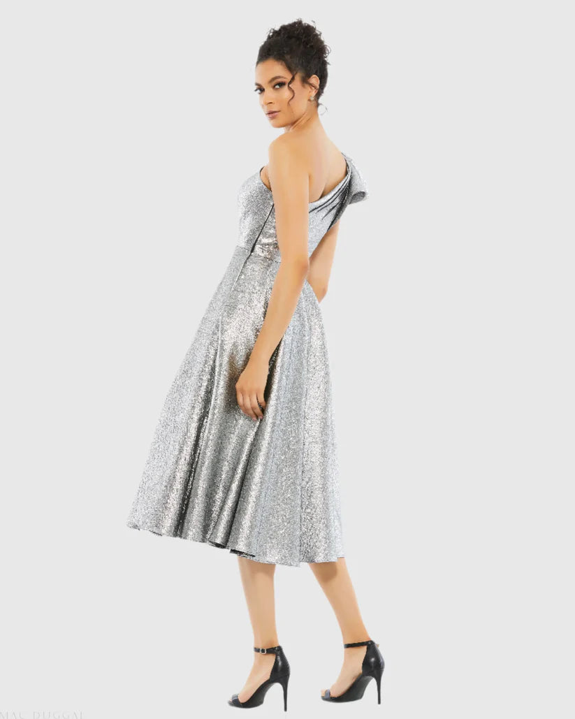 Silver One-Shoulder Bow Midi Cocktail Dress