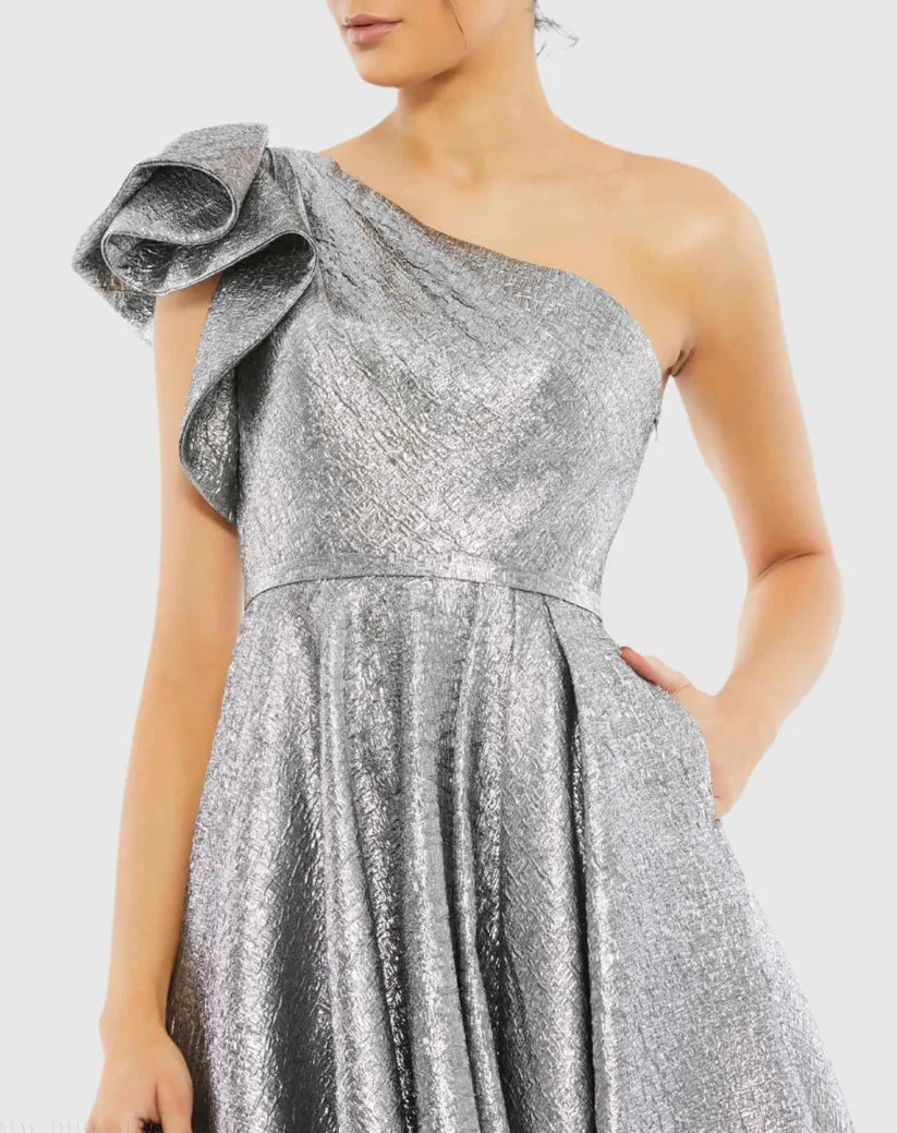 Silver One-Shoulder Bow Midi Cocktail Dress