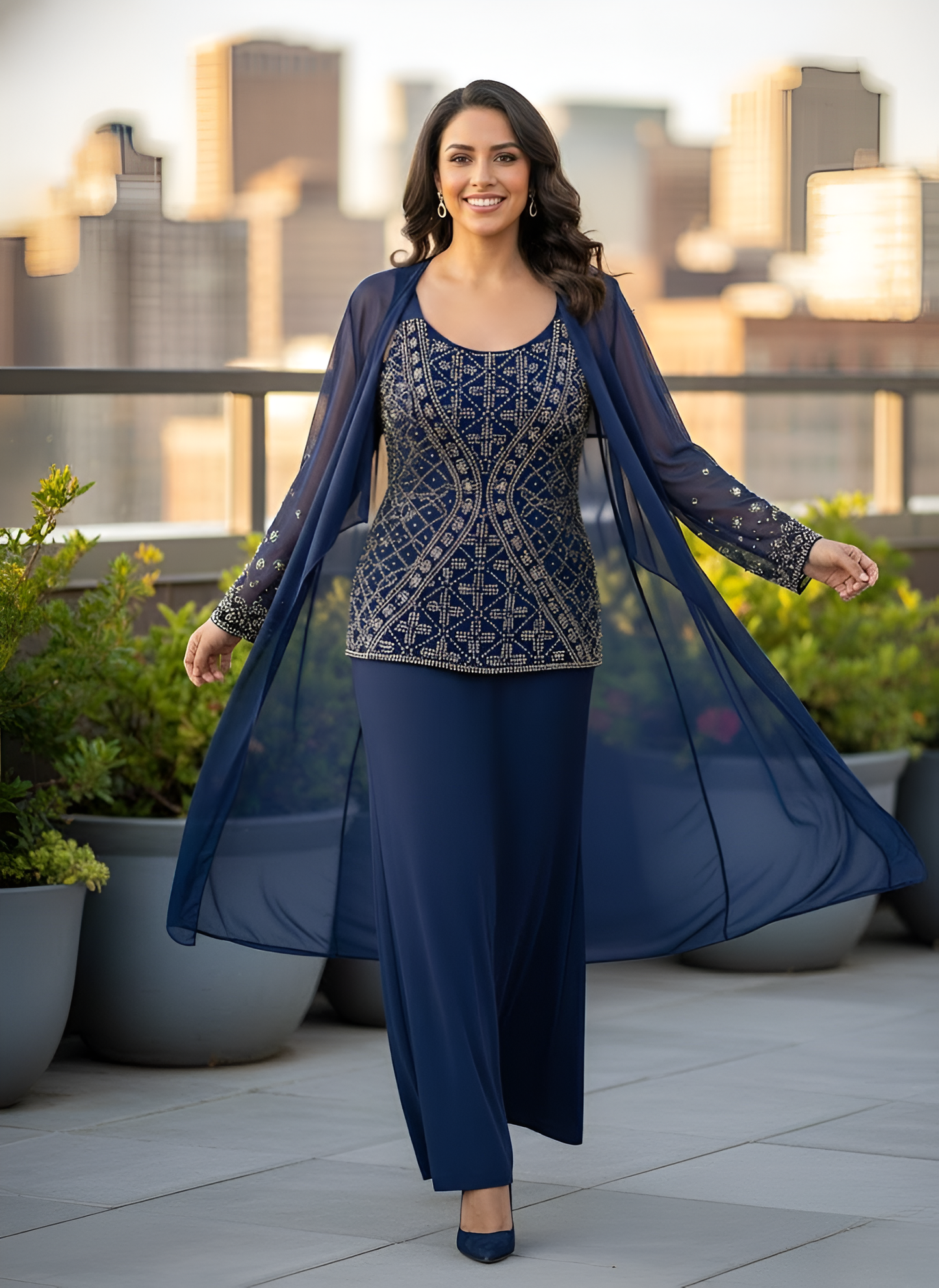 Elegant Navy Beaded Sheath Dress & Chiffon Jacket Set